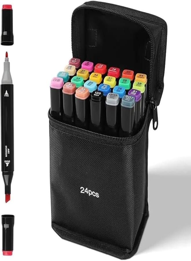 VENIQE 24 Pcs Art Marker Pen Set Dual Tips Blender Drawing Permanent Sketch Kids Adult Coloring Based Markers Artist Supplies For Coloring Pens Projects Marker Tip Sketching Paint With Carry